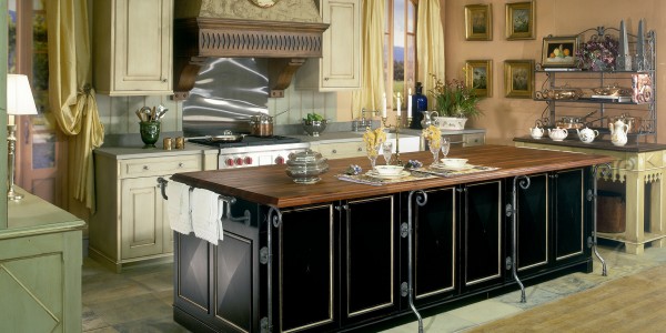 Black Cabinet And Brown Countertop Of Country Kitchen Island