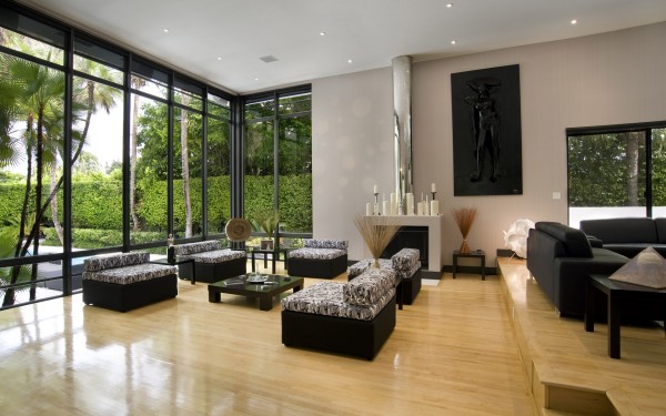 : Sofa Black Motif Fireplace Living Room Design